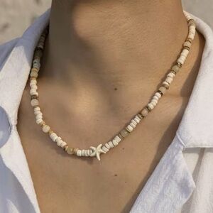 Coconut-husk Wood Beads Starfish Choker Necklace for Men Bohemian 18”